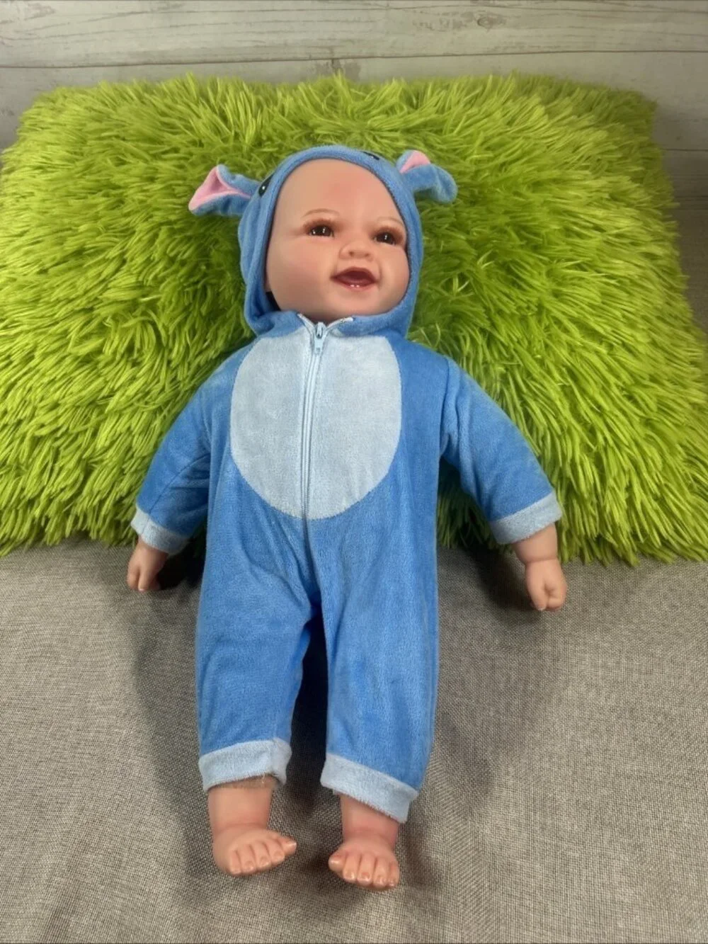 17” Baby Doll Open Brown Glass Eyes Cloth Body Realistic Nails Bunny Jump suit